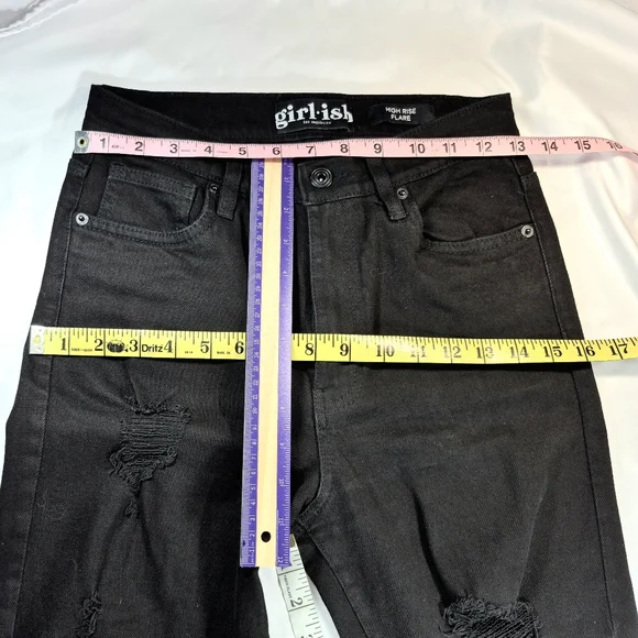 GIRL.ISH Distressed High Rise Raw Hem Flare Black Jean Size 5/27 L.A. Designer - Picture 6 of 11